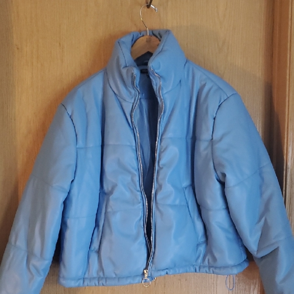 FFashion Nova Blue Faux Leather Puffer Jacket